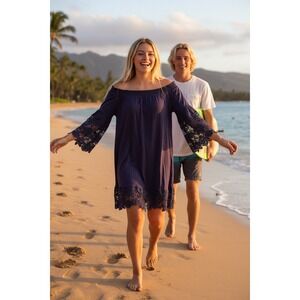 Spring Break Blue Lace Bell‎ Sleeve dress  S/M  Beachy Boho Resort Vacation